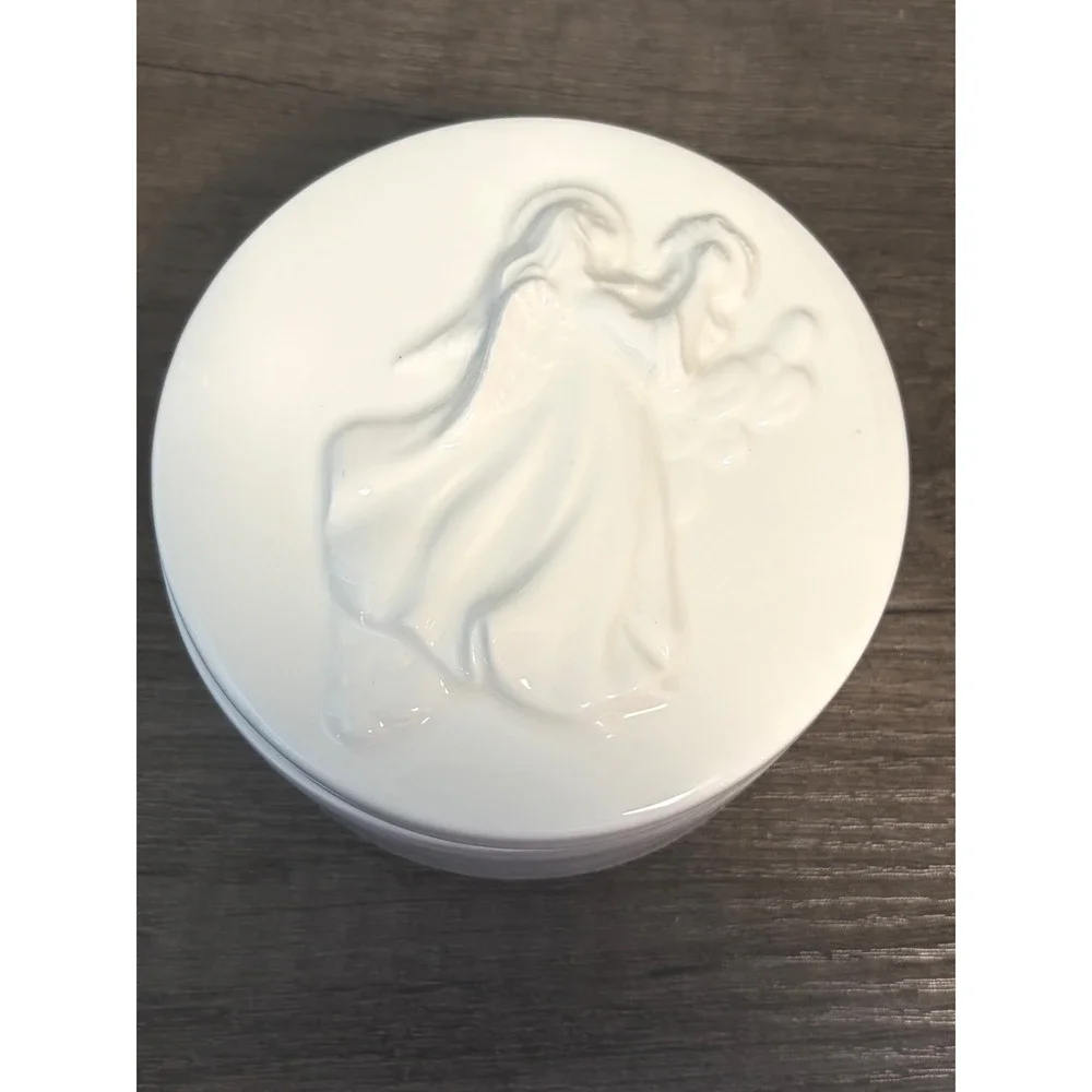 White Porcelain Angel Playing Harp Trinket Box Embossed Jewelry Box Vanity Decor